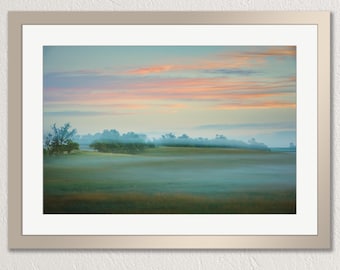 Misty pastoral scene with pastel colors at sunrise, midwest US, photo print