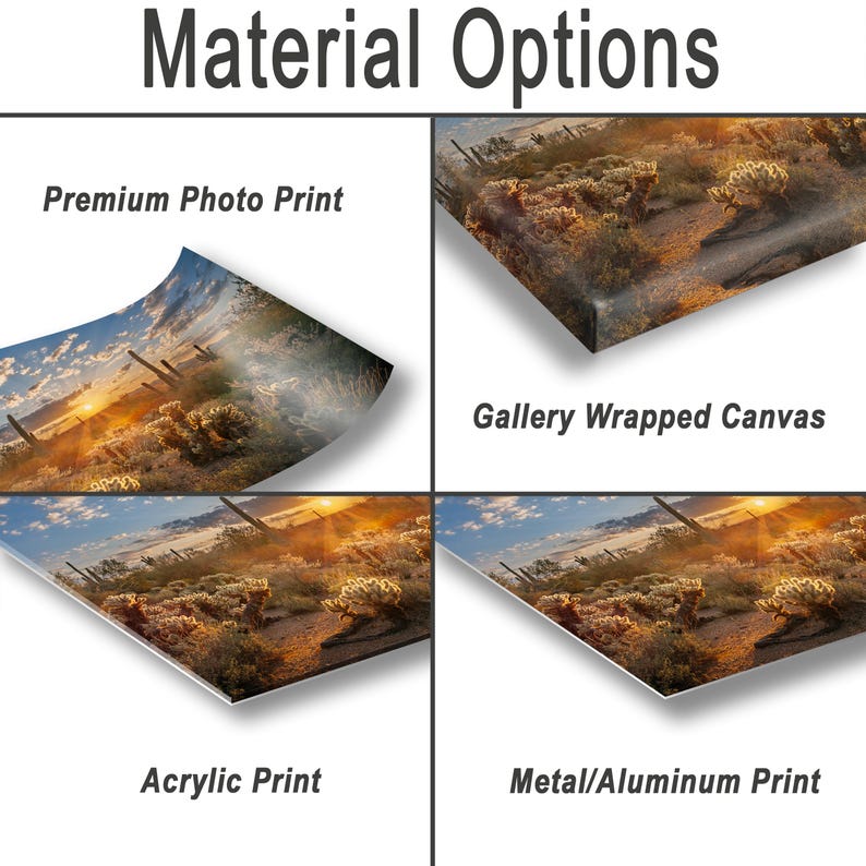 The image is a collage of four different types of print materials, including a premium photo print, a gallery wrapped canvas, an acrylic print, and a metal/aluminum print.