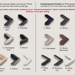a variety of different frame options for canvas, metal, and acrylic prints, as well as contemporary frames for photographic paper prints. The frames come in various sizes and materials, allowing for customization based on picture size and personal preferences.