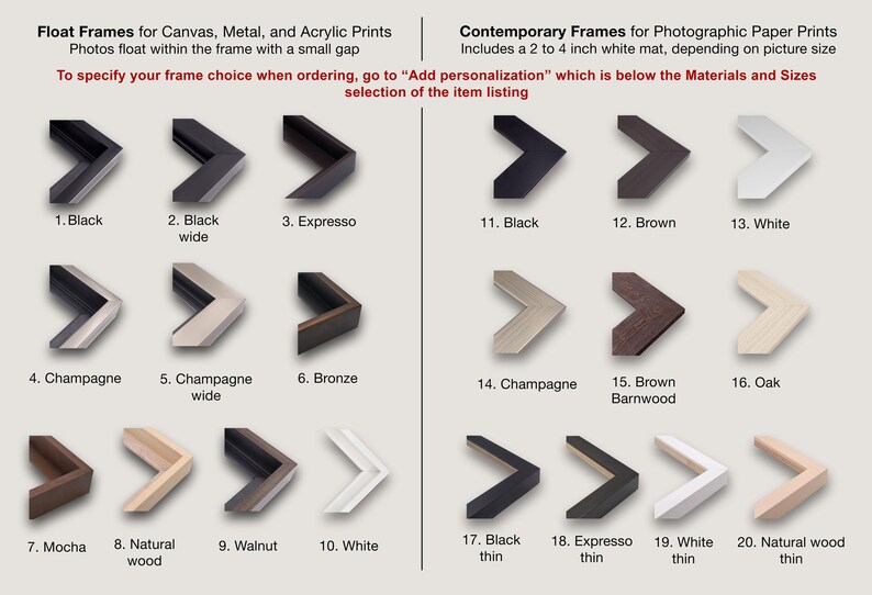 a variety of different frame options for canvas, metal, and acrylic prints, as well as contemporary frames for photographic paper prints. The frames come in various sizes and materials, allowing for customization based on picture size and personal preferences.
