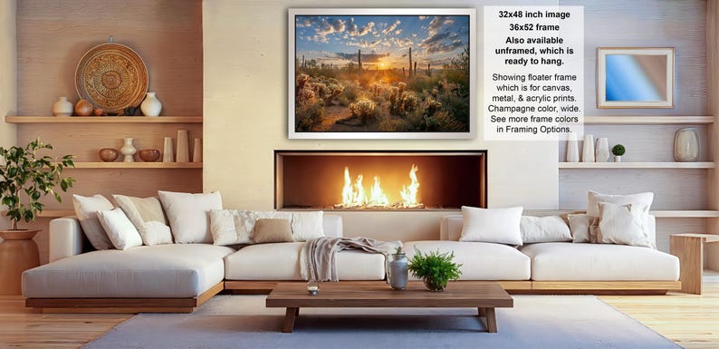 a cozy living room with a fireplace, white sofas, and various decorative elements such as vases and potted plants.