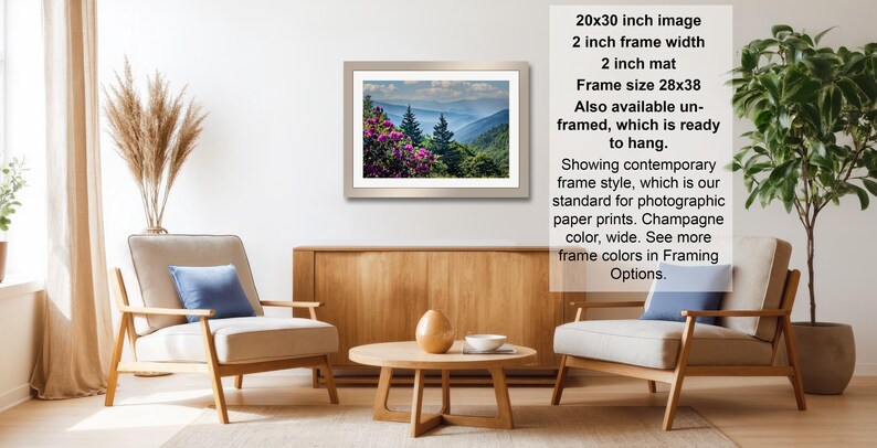 a living room with a framed landscape photograph hanging on the wall, a wooden coffee table in the center, and two armchairs facing each other.
