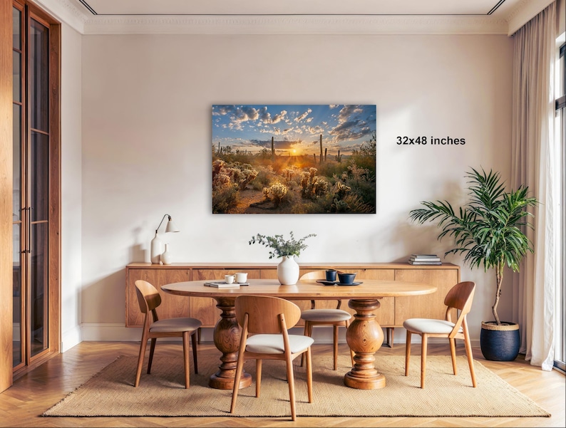 a modern dining room with a large wooden table surrounded by matching chairs. A large framed landscape painting depicting a desert scene with a sunset is hanging on the wall above the table. The painting is 32x48 inches in size.