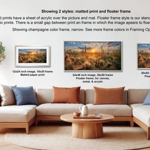 a living room with a large sectional sofa, a coffee table, and a potted plant. There are three framed prints displayed on the wall, each with a different frame style and size. The text provides information about the different frame styles and sizes, including the matting print and floater frame.