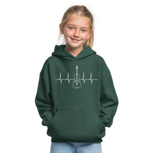 May include: A dark green hoodie with a white graphic of a violin integrated into a heartbeat line. The hoodie has a front pocket and a hood. The design is centered on the chest.