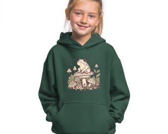 Cottagecore Frog Youth Sweatshirt, Whimsical Toadstool Pullover for Nature Kids Forest Lovers Whimsical Hoodie Frog on  Magic Mushrooms