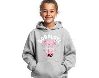 Bobalotl Youth Hoodie, Axolotl Boba Tea, Kids Pullover
