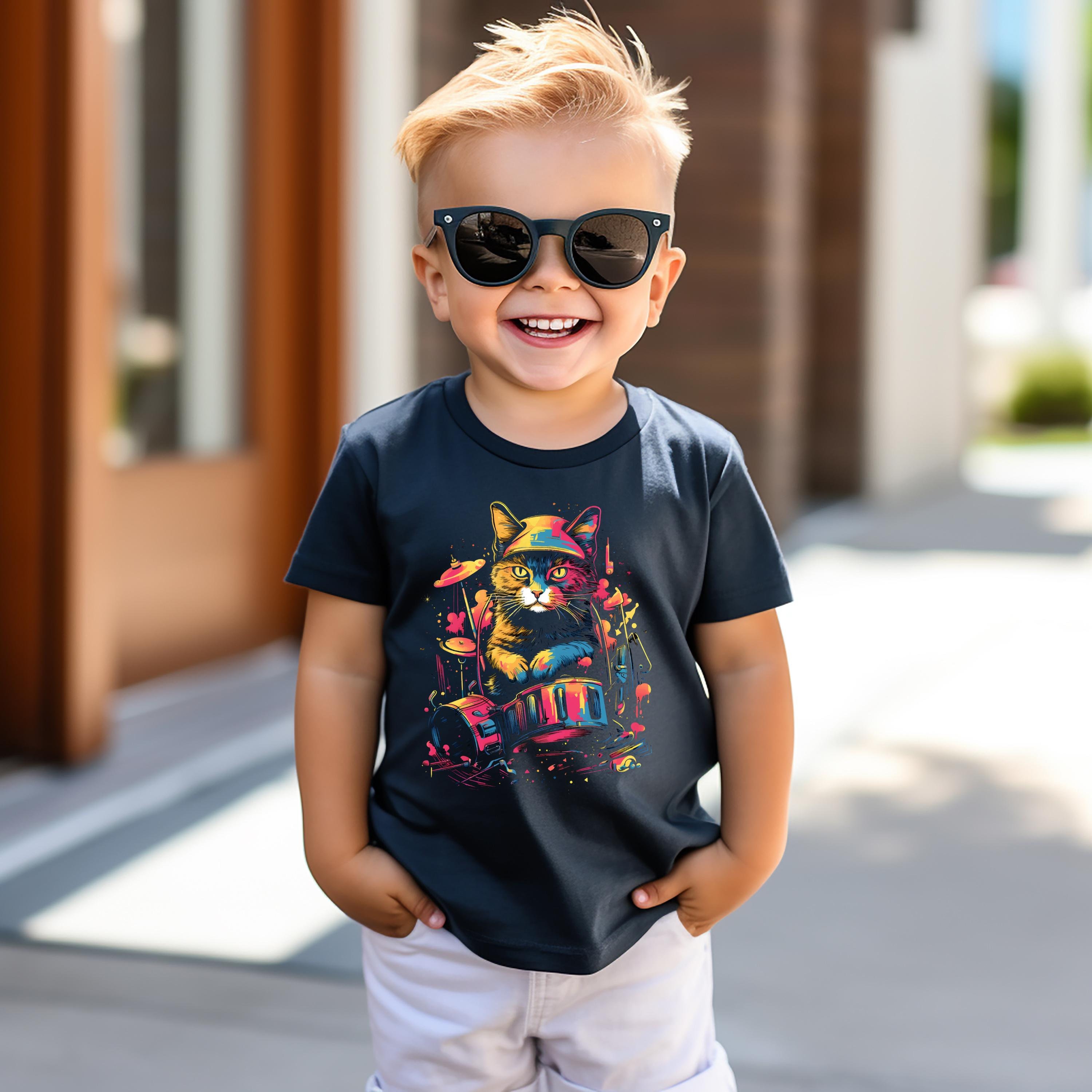 Cat Drummer Kid's T-shirt, Love Drums Tshirt for Kids, Gift for Cool Children, Music Lover Shirt, Cat Toddler Shirt, Drums Tshirt.