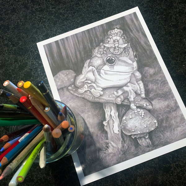 Frog Prince - Coloring Page, Instant Download, Coloring page, grayscale coloring, Instant Download, Digital Download, mushrooms, fairy tale