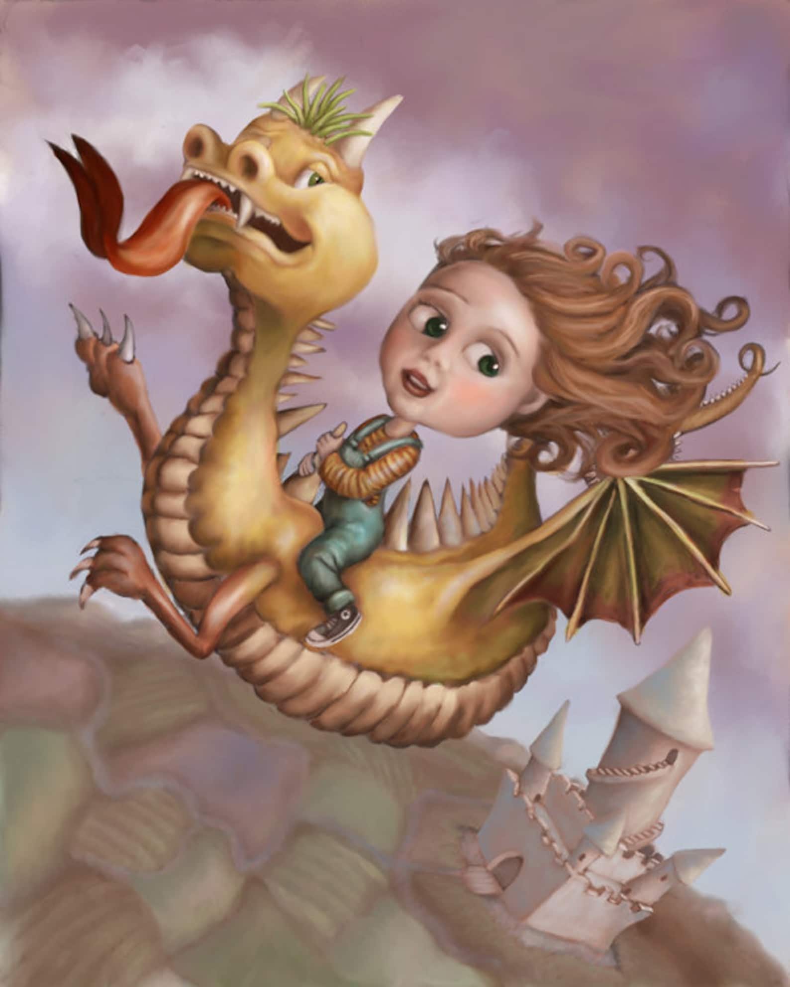 Dragon Riding Girl Printable Coloring Page, Grayscale Coloring, Instant