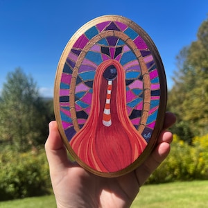 Gouache Painting on Oval Wood, gold trim, 7"x5" small original painting, Wandering Souls Series, weird whimsical art, stained glass, design