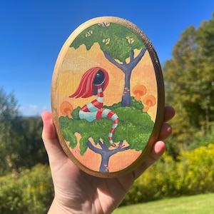 Gouache Painting on Oval Wood, gold trim, 7"x5" small original painting, Wandering Souls Series, weird whimsical art, tree, mushroom