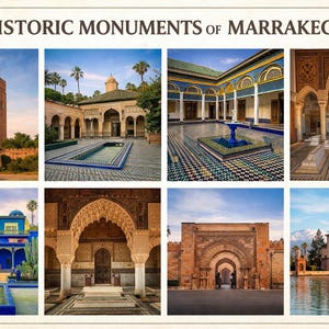 Puede incluir: Un collage de imágenes que muestran monumentos históricos de Marrakech. Las imágenes incluyen un minarete, patios con piscinas y fuentes, arcos ornamentados y un jardín azul. El texto "HISTORIC MONUMENTS of MARRAKECH" está en la parte superior.