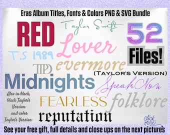 Taylor Swift Eras Album Titles, Swiftie PNG, SVG Bundle,Eras Albums Fonts Bundle, Midnights, Taylor Swift 1989, Reputation, Swiftie Merch