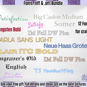 May include: A collection of 12 fonts in .tiff and .off format. The fonts include Satisfaction, Tungsten Bold, Carla Sans Light, Blair ITC Bold, Engraver's Old English, Ludestada, Satisfy, IM Fell DW Pica, Somer, Neue Haas Grotesk, and TS Handwriting.