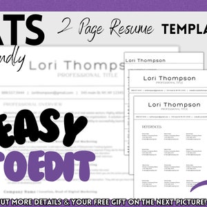 May include: A two-page resume template designed to be ATS-friendly. The template is easy to edit and includes a section for references. The text on the template reads "ATS Friendly 2 Page Resume Template" and "Easy To Edit".