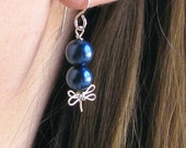 Dragonfly earrings, Navy blue pearl jewelry, sterling silver dangle, bride bridesmaids wedding party jewelry