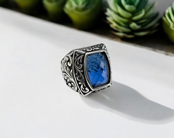 Turkish Handmade Silver Blue Sapphire Men Ring, Blue Stone Men Ring, Fathers Day Gift, Gift for Him, 925 Sterling Silver Ring, Birthday Gift