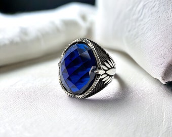 Handmade Silver Blue Stone Sapphire Men Ring, Sapphire Ring, Blue Stone Ring, Men Jewelry, Gift for Him, 925k Sterling Silver Ring for Men