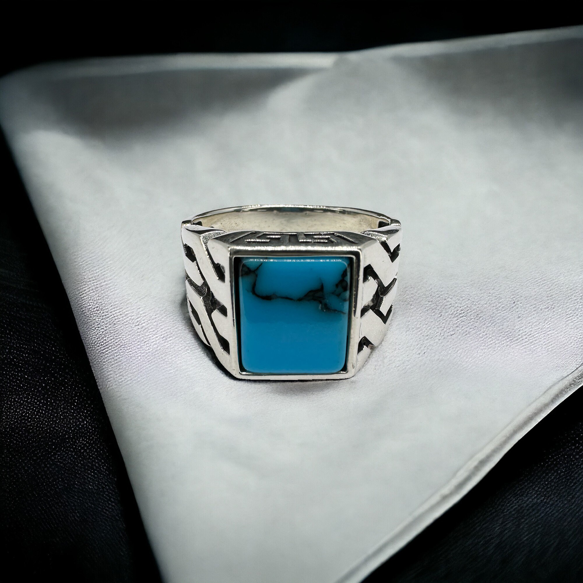 Turquoise Gemstone Silver Men Ring, Sterling Silver Squared Blue Ring ...