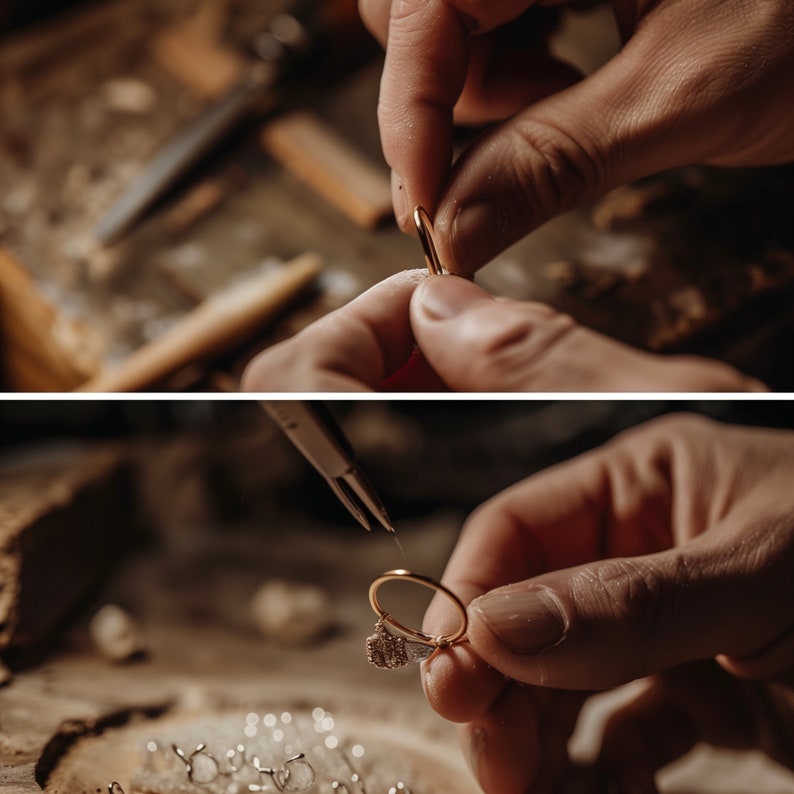 May include: A close-up of a jeweler working on a gold ring with a small diamond. The ring is being held in place with a pair of tweezers. The jeweler is wearing a white shirt and has their hands in focus.