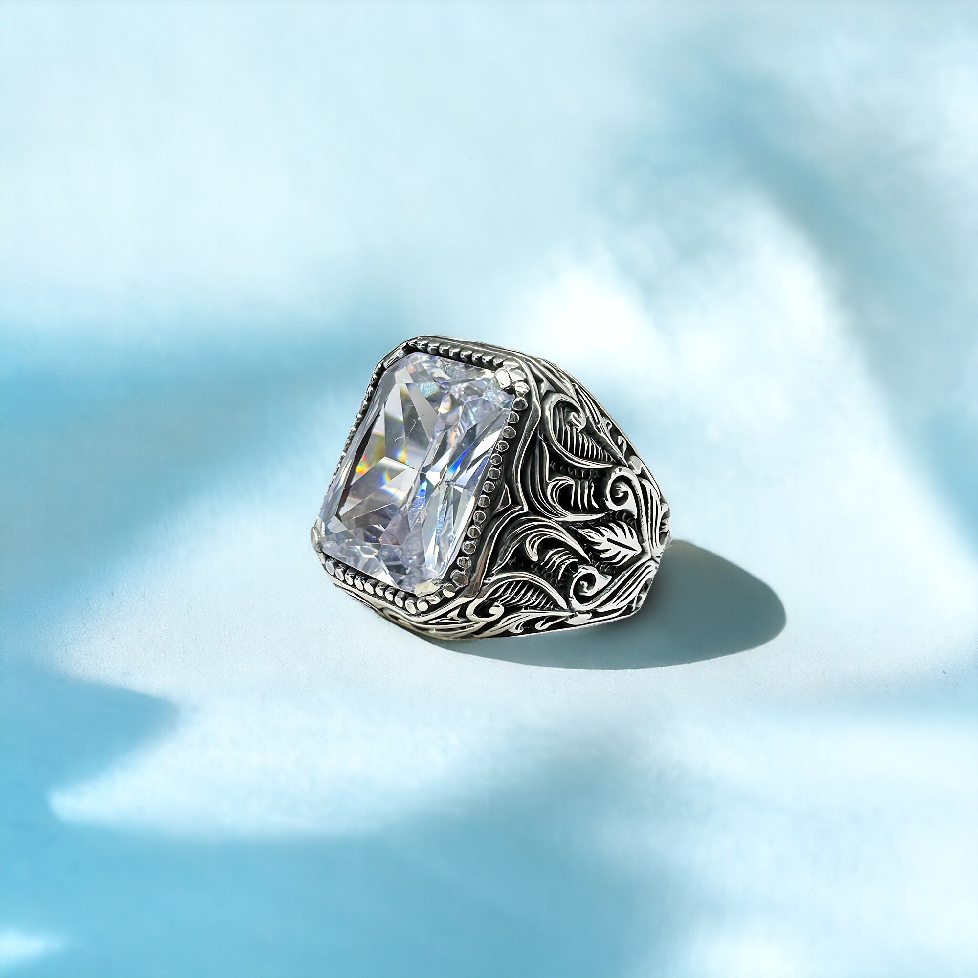 Handmade Silver White Zircon Ring, 925k Sterling Silver Men  display picture 1