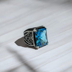 Blue Aquamarine Stone Men Ring, 925 Sterling Silver Turkish Handmade Men Ring, Men&#39;s Jewelry, Gift for Him, Gift for Father, Ottoman Ring