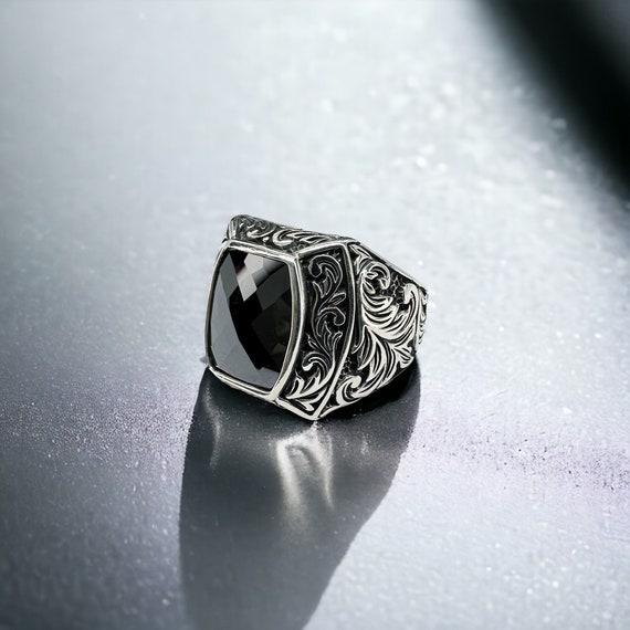 Turkish Handmade Silver Square Black Gemstone Onyx Ring, Premium Men Ring, Gift For Him, Gift For Birthday, 925k Sterling Silver Ring