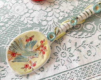 Ceramic Porcelain Spoon with Painted Pink and Red Flowers and Bluebird, Green Striped Handle with Sculpted Blue Flowers