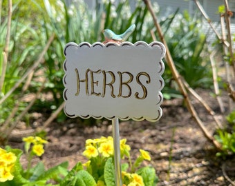 HERBS Garden Sign, Ceramic Porcelain Clay with Sculpted Bluebird on Nest