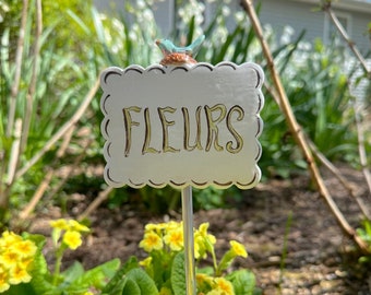 FLEURS Garden Sign in Ceramic Porcelain Clay with 12 inch Metal Rod