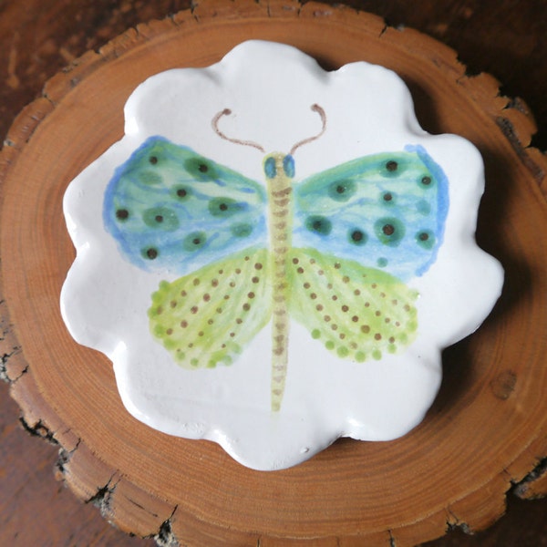 Painted Butterfly Porcelain Ceramic Small Plate, Blue and Green