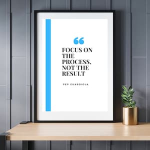 Könnte beinhalten: Ein schwarzer gerahmter Motivationsposter mit einem blauen Streifen auf der linken Seite. Der Poster hat einen weißen Hintergrund mit schwarzem Text, der lautet "Konzentriere dich auf den Prozess, nicht auf das Ergebnis." Der Text steht in Anführungszeichen und wird "Pep Guardiola" zugeschrieben.