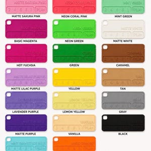 May include: A color chart for PLA filament options featuring twenty-two rectangular swatches in various colors including pink, green, white, magenta, brown, purple, yellow, tan, gray, black, blue, orange, and red. Each swatch displays the text PLA+.