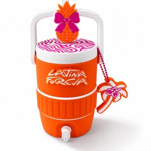 May include: An orange beverage cooler with a white handle and a white spigot at the base. The lid features a pink and white wavy pattern and an orange pineapple topper with a pink bow. The text "LATINA FOREVA" is in white, and a palm tree charm hangs.