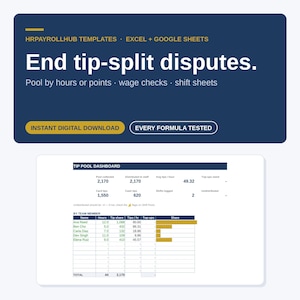 May include: A digital spreadsheet template for tip pooling with a dark blue header containing the text HR PAYROLL HUB TEMPLATES, EXCEL + GOOGLE SHEETS, End tip-split disputes, Pool by hours or points, wage checks, shift sheets, and a dashboard.