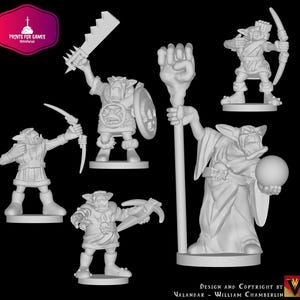 Peut inclure: Ensemble de figurines miniatures fantastiques non peintes, représentant des gobelins avec des armes telles qu'une épée, un arc et des flèches, une arbalète et un bâton. Les figurines sont sur des socles individuels, pour jeux de table.