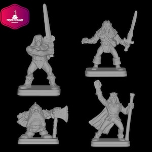 May include: Four grey miniature fantasy figures. A barbarian with a sword, an elf with a sword, a dwarf with an axe, and a wizard with a staff. The figures are on rectangular bases, suitable for tabletop gaming.