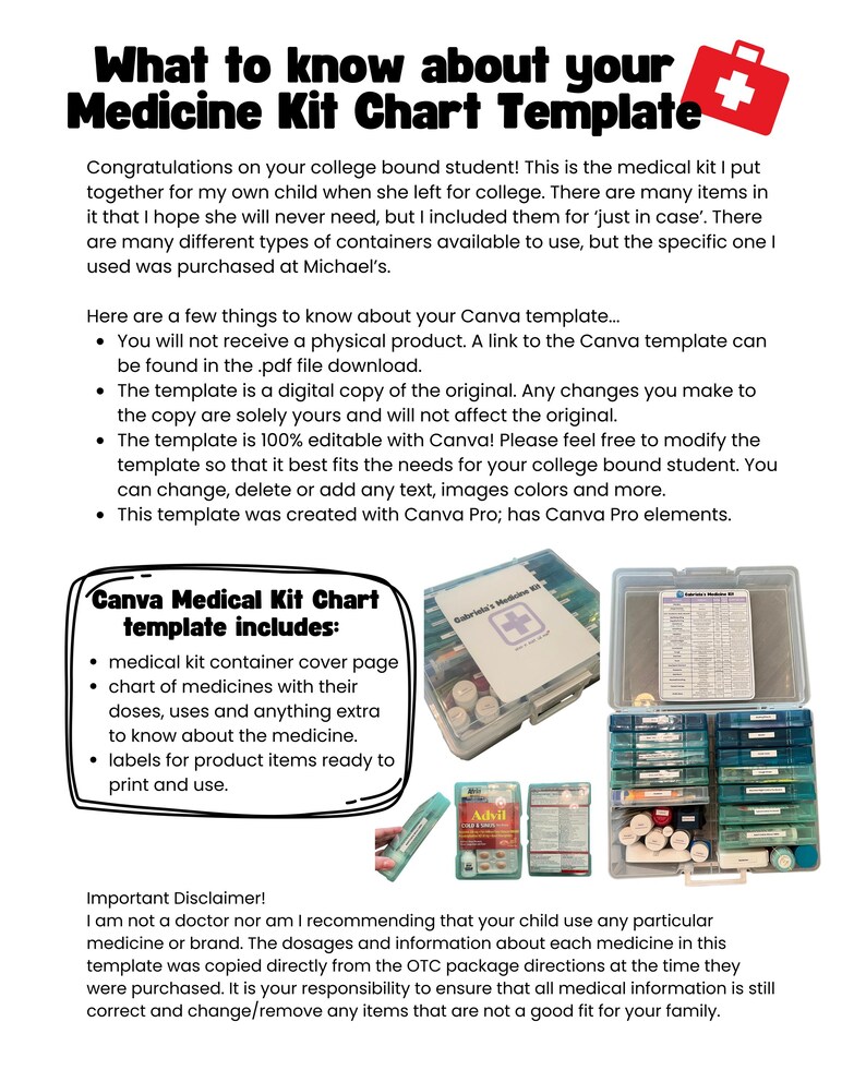 College Medicine Kit Chart: Editable Dorm First Aid Checklist (canva ...