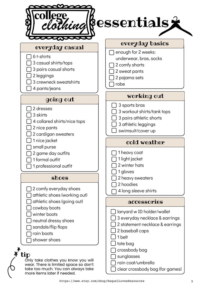 College Dorm Packing Checklists, Planners & More (PDF Download) - Etsy