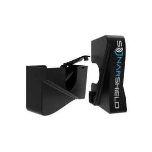 May include: Black plastic device with the text "NARSHIELD" in white and blue. The device is composed of two parts, one with a curved shape and the other with a rectangular shape. The device appears to be a holder or mount.