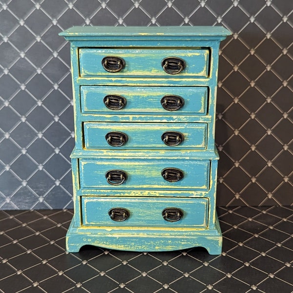 Artisan Dollhouse Miniature Chest of Drawers Dresser 1:12  Handmade Chippendale Chest on Chest Blue Yellow Shabby Chic