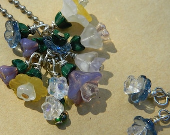 Beaded Glass Flower Necklace and Earring Set, Floral Jewelry