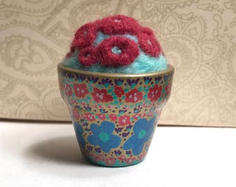 Floral Pincushion in Painted Terracotta Pot, OOAK Needle Felted Wool Pin Cushion, Flower Gardener, Sewing, Quilting Tool