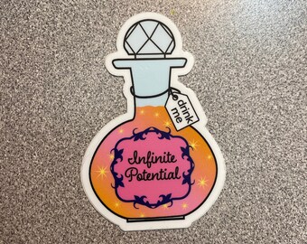 Infinite Potential Potion Bottle Sticker, Water Bottle Decoration, Inspirational Waterproof Vinyl Sticker, Orange Pink Magical Laptop Art