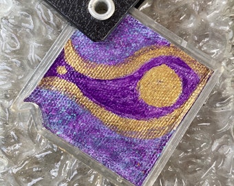 OOAK Painted Pendant, Multifunctional Wearable Art Necklace, Creative Reuse, Unique Keychain, Eco Friendly Meditation Tool, Blue Purple Gold