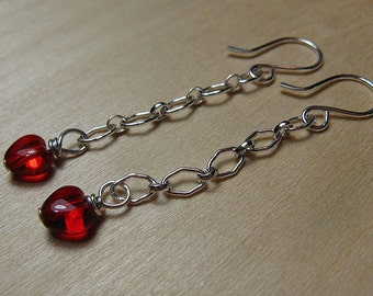 Sterling Silver Chain Dangle Earrings with Red Heart, Sweetheart Jewelry, Gift for Her