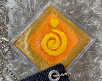 Wearable Art to Go Necklace, OOAK Painted Keychain, Unique Jewelry, Meditation Tool, Focus, Calming Blue Flame, Energize Yellow Spiral Gold