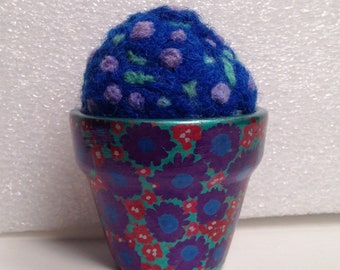 OOAK Wool Felted Pin Cushion, Painted Flower Pot, Handcrafted Needle Floral Unique Sewing Needlecrafting