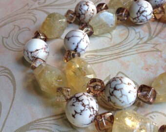 OOAK Chunky Beaded Necklace, Sterling Silver Gemstone Jewelry, Lemon Quartz, Magnesite, Brown Yellow Natural Elements Spiritual Earthy